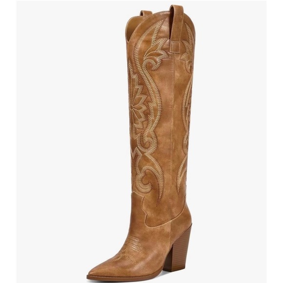 Isnom Shoes - ISNOM Women's Sz 8.5 Brown Leather Western Cowboy Boots Block Heel Knee High